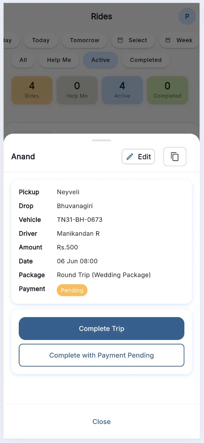 Ride details screen for recording fare, driver, vehicle and payment information